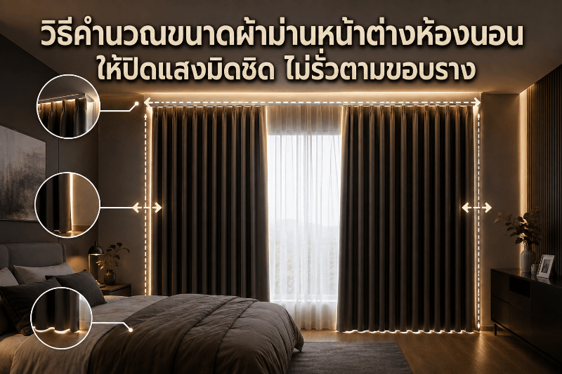 วิธีคำนวณขนาดผ้าม่านหน้าต่างห้องนอน ให้ปิดแสงมิดชิด ไม่รั่วตามขอบราง